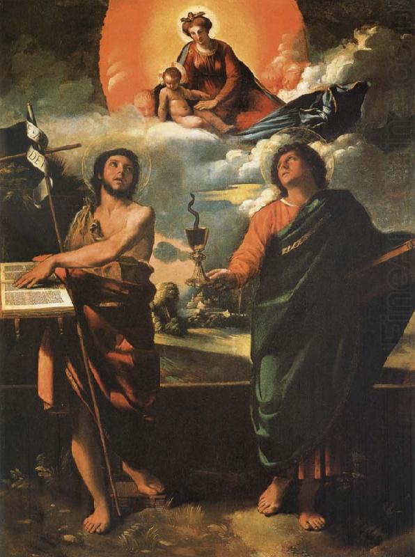 The Madonna in the glory with the Holy Juan the Baptist and Juan the Evangelist, Dosso Dossi